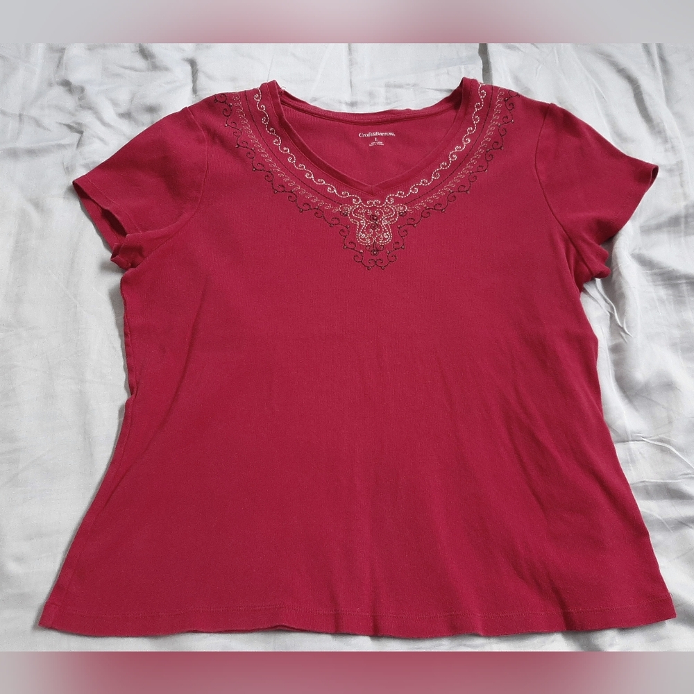 Croft & Barrow Red Tee Shirt Blouse Short Sleeve Embroidery Size